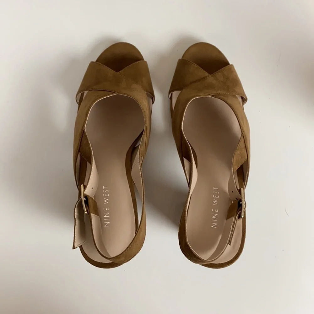 Nine West Alba Tan Open Toe Block Heel Slingback Sandal Size 9 - Picture 12 of 13